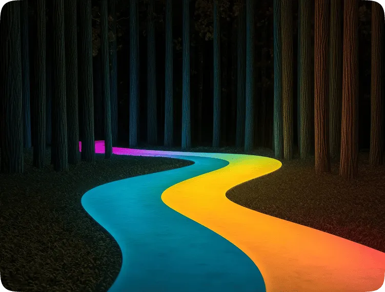 Glowing path through a forest