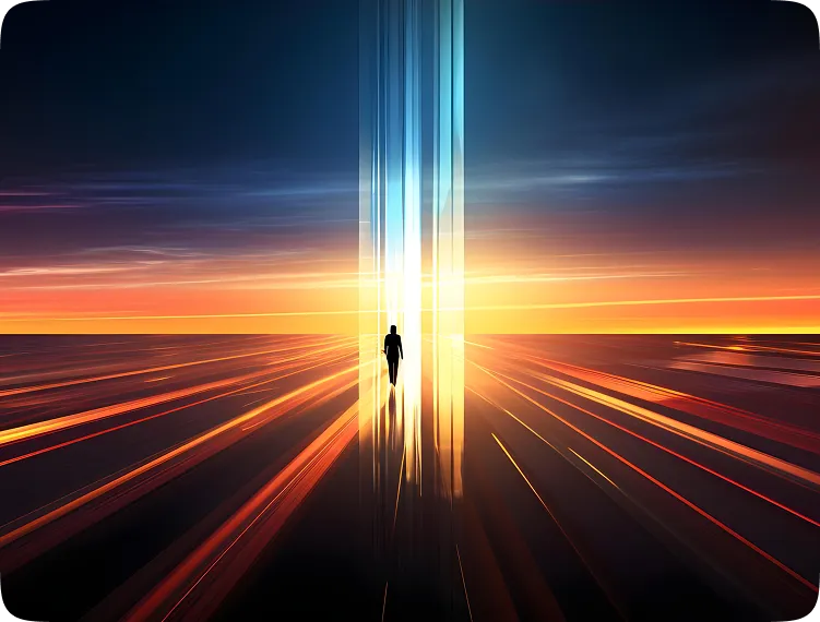 Figure walking toward a horizon of light